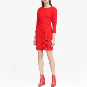 Banana Republic  NWOT Red Shift Dress Ruffle Long Sleeve Size 8